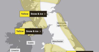 The Met Office has put in place a yellow warning for ice for much of southern England, the Midlands and eastern Wales from 5pm on Tuesday to 10am on Wednesday