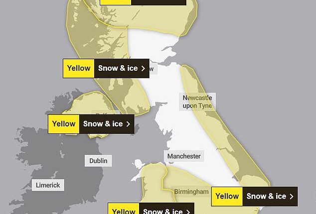The Met Office has put in place a yellow warning for ice for much of southern England, the Midlands and eastern Wales from 5pm on Tuesday to 10am on Wednesday
