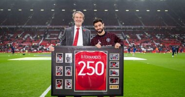 Bruno Fernandes was awarded a framed shirt to mark his 250th appearances for Man United