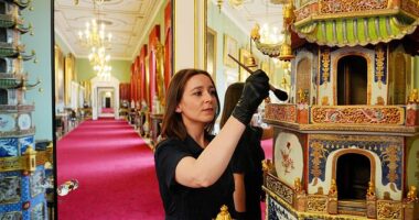 Delicate cleaning of a Chinese pagoda in the East Wing of Buckingham Palace in June