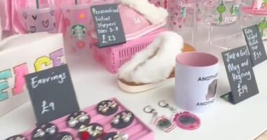 Pictured: The Belfast Christmas Market stall selling a TikTok meme mug with a £9 mark-up and Starbucks cups, which are £10 more expensive than on Etsy
