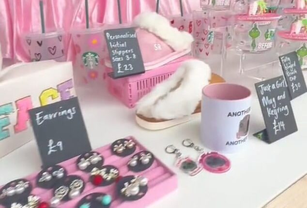 Pictured: The Belfast Christmas Market stall selling a TikTok meme mug with a £9 mark-up and Starbucks cups, which are £10 more expensive than on Etsy