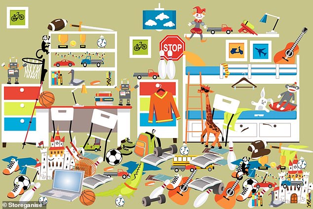 In this lively image, created by self storage software company Storeganise, a radio is concealed amongst an array of objects in a messy room