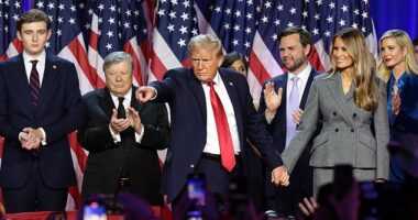 Donald Trump secured a stunning US election victory over his Democrat rival Kamala Harris. He is pictured declaring victory on stage yesterday