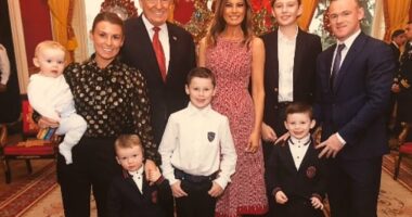 Coleen Rooney was seen posing next to 'orange' Donald Trump as her loved ones shared a  snap of the WAG's visit to the White House after she described him as a 'dirty b*****d'