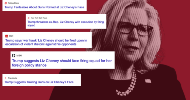photo of Liz cheney in black and white next to headlines