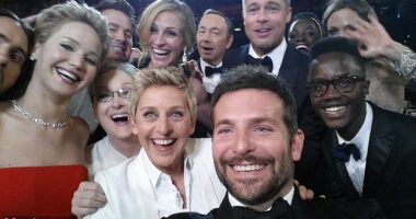In 2014, Hollywood's elite posed together for what is now remembered as one of the most epic selfies ever, but could the famous Oscars selfie be cursed? (From front row left: Jared Leto, Jennifer Lawrence, Meryl Streep, Ellen DeGeneres, Bradley Cooper, Peter Nyong'o Jr. From second row left: Channing Tatum, Julia Roberts, Kevin Spacey, Brad Pitt, Lupita Nyong'o and Angelina Jolie)
