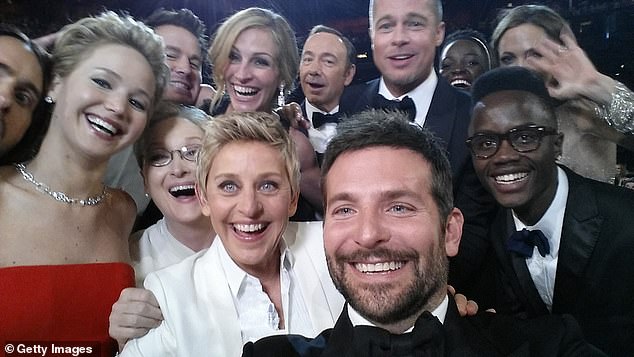 In 2014, Hollywood's elite posed together for what is now remembered as one of the most epic selfies ever, but could the famous Oscars selfie be cursed? (From front row left: Jared Leto, Jennifer Lawrence, Meryl Streep, Ellen DeGeneres, Bradley Cooper, Peter Nyong'o Jr. From second row left: Channing Tatum, Julia Roberts, Kevin Spacey, Brad Pitt, Lupita Nyong'o and Angelina Jolie)
