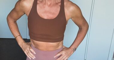 Davina McCall, 57, made a surprise appearance on I'm A Celeb on Saturday, just weeks after her shock brain tumour surgery (pictured earlier this year)