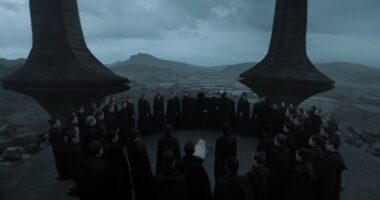 A gathering of the Sisterhood for a dark funeral in Dune: Prophecy episode 1.