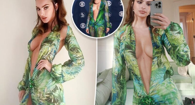 Emily Ratajkowski channels Jennifer Lopez in plunging Versace gown for Halloween