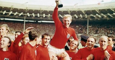 England captain Bobby Moore "chaired" by his team in 1966. England won the Cup with 4 goals to 2, against West Germany