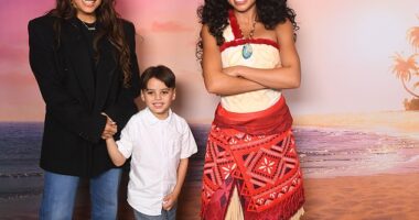 Eva Longoria Bastón (L) and her son Santiago (M) enjoyed a VIP meet and greet with the Disney princess herself at the Hollywood premiere of Moana 2, which was held at El Capitan Theater on Monday