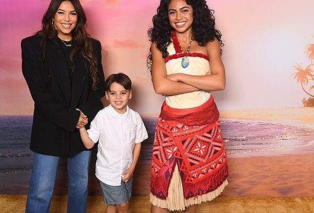 Eva Longoria Bastón (L) and her son Santiago (M) enjoyed a VIP meet and greet with the Disney princess herself at the Hollywood premiere of Moana 2, which was held at El Capitan Theater on Monday