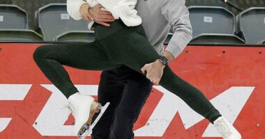 Ferne McCann showed off her impressive ice skating skills while Dan Edgar practises some daring lifts ahead of their stint on Dancing On Ice