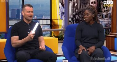 Shay Given (left) damaged the BBC Football Focus set during Newcastle's win over Arsenal