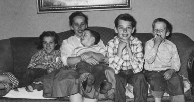 1950s: The eldest of four, Joseph Biden (second from right) - born in 1942 - is pictured with his siblings and mother Catherine Eugenia Finnegan Biden at their family home in Scranton, Pennsylvania in the 1950s