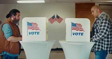 A new ad  (pictured) released by left-wing Christian organization Vote Common Good has urged men to think about how their vote will 'impact the people you care about the most' before casting their ballots in favor of Donald Trump
