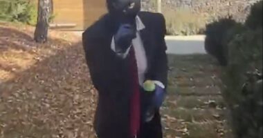 A masked vandal pictured inside the grounds of a luxury home owned by Gerard Pique