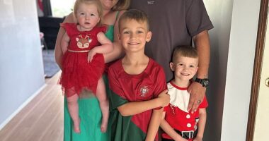 Jake and Cassie Mumberson are pictured with her two sons from a previous marriage, Nix and Zak, and their two-year-old daughter Willow before his tragic death