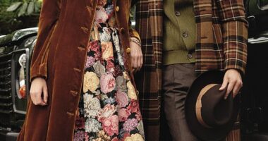 For her: Coat, £999, ridleylondon.com; dress, £650, lucievaclav.com; boots, £499, lkbennett.com; bow, £50, camillaking.co.uk; earrings, £1,700, kiki.co.uk; bracelet, £440, tillysveaas.com