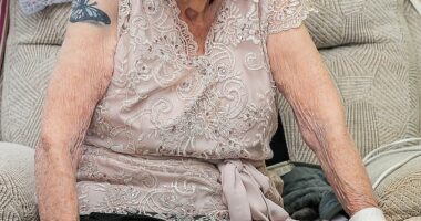 Hilda West, from Kenilworth in Warwickshire, got her first tattoo to honour her late husband and son David with their initials on her wrist in 2019 - when she was 94
