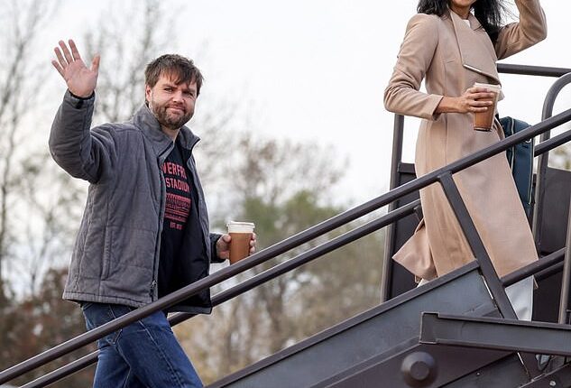 Sen. J.D. Vance and his wife Usha board their 737 campaign plane for a trip that will take them to four rallies via seven states on the final slog before Election Day