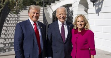President Joe Biden and First Lady Jill Biden greet President-elect Donald Trump upon his arrival to the White House