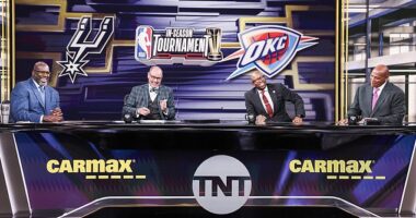 Shaquille O'Neal (left), Ernie Johnson (center left), Kenny Smith (center right) and Charles Barkley (right) are seen during a broadcast from the 2023-24 NBA season
