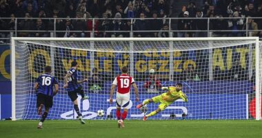 Hakan Calhanoglu scored from the penalty spot to give Inter Milan the lead against Arsenal