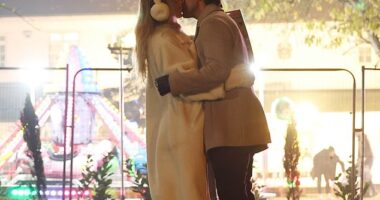 James Argent, 36, packed on the PDA with his new girlfriend Nicoline Artursson, 31, as the besotted couple shared a passionate kiss during a Bonfire Night display on Wednesday