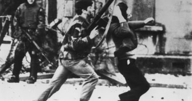 An armed soldier attacks a protestor on Bloody Sunday when British Paratroopers shot dead 13 civilians on a civil rights march in Londonderry