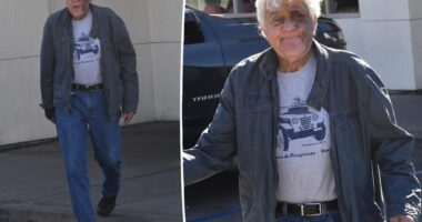 Jay Leno appears in good spirits despite massive nasty bruise from falling down a hill