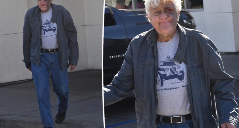 Jay Leno appears in good spirits despite massive nasty bruise from falling down a hill