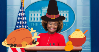 Karine Jean-Pierre wearing a pilgrim hat