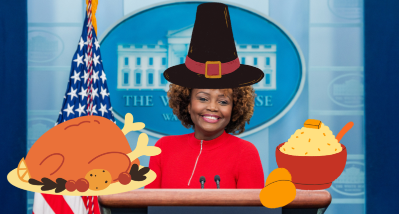 Karine Jean-Pierre wearing a pilgrim hat