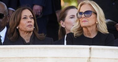 Jill Biden and Kamala  Harris at Arlington National Cemetery on Monday