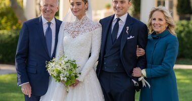 Joe Biden's pregnant granddaughter Naomi has revealed the gender of her baby. She's seen here with her grandparents and her husband, Peter Neal, at her wedding in 2022