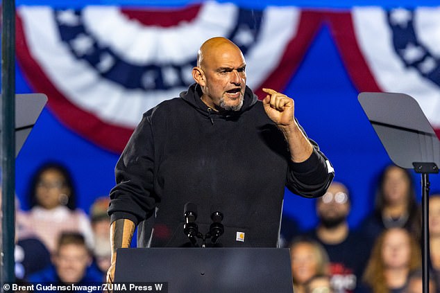 Senator John Fetterman speaks during Vice President Kamala Harris' Rally at Carrie Blast Furnaces National Historic Landmark in Pittsburgh, Pennsylvania. He posted on X that Green Party voters are 'dips***s'