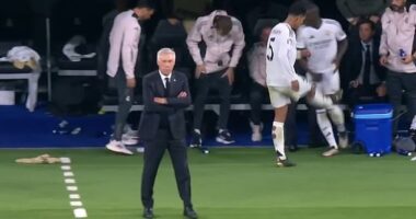 Jude Bellingham (right) lashed out at a water bottle when he was taken off on Tuesday night