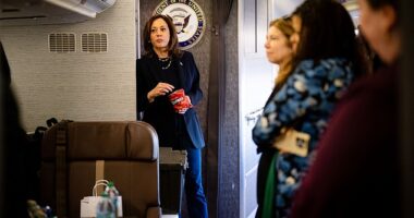 US Vice President and Democratic presidential nominee Kamala Harris eats Doritos and thanks senior staff aboard Air Force Two