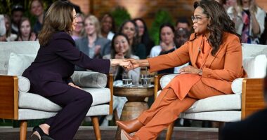 Vice President Kamala Harris with media mogul Oprah Winfrey at a 'Unite for America' live-streamed rally in Farmington Hills, Michigan, on September 19, 2024