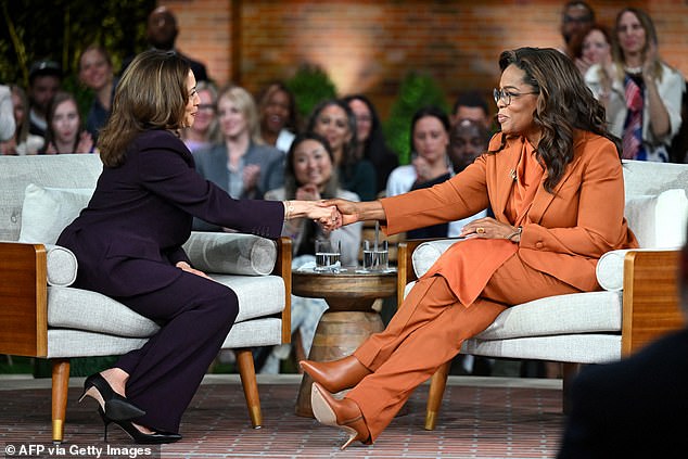 Vice President Kamala Harris with media mogul Oprah Winfrey at a 'Unite for America' live-streamed rally in Farmington Hills, Michigan, on September 19, 2024