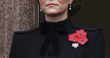 The Princess of Wales, 42, donned a dazzling set of pearl drop earrings from Her Majesty's personal collection for Remembrance Sunday today - the late Queen is said to have favoured pearls at solemn events