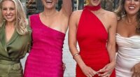 Laura Byrne (centre left) suffered a major fashion mishap at the Australian Podcast Awards. Wearing a hot pink off-the-shoulder ruched dress, Laura raised her fist in the air as she and Brittany Hockley (centre right) celebrated being finalists for two awards on the night