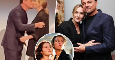 Leonardo DiCaprio and 'dear friend' Kate Winslet share a kiss as they reunite 27 years after 'Titanic' release