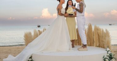 Matilda Chloe Logarzo (left) married her partner McKenzie Berryhill in one of Thailand's most picturesque spots on the weekend
