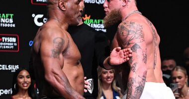 Mike Tyson and Jake Paul faceoff during Weigh-In at the Toyota Music Factory in Irving
