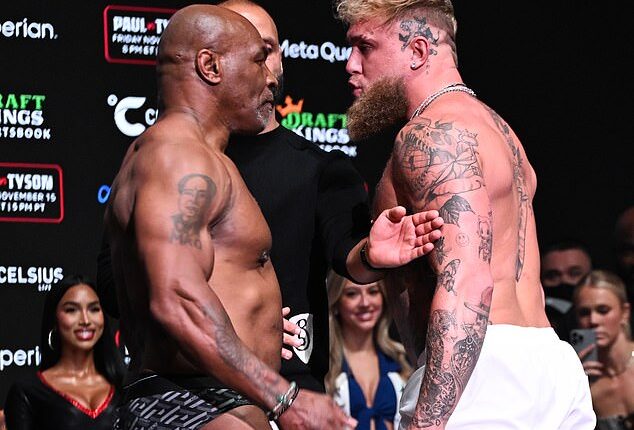 Mike Tyson and Jake Paul faceoff during Weigh-In at the Toyota Music Factory in Irving