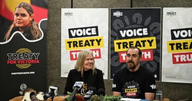 Members of the First Peoples' Assembly of Victoria, Rueben Berg (right) and Aunty Esme Bamblett